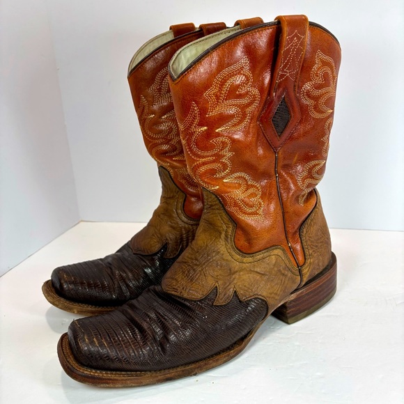 JB Dillon Mens Sz 9 D Orange Brown Lizard Leather Square Toe Cowboy Boots Vtg - Picture 1 of 9